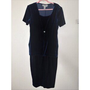 Vtg Another Thyme Dress‎ Sz 8 Blue Velvet Short Sleeve Midi Holiday Cocktail